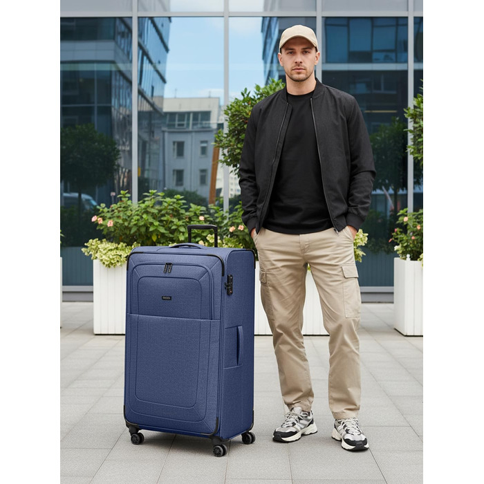 Набір валіз REDOLZ 3 шт. для жінок та чоловіків | Легкі та стабільні валізи-тролі, якісний Softcase, 4 подвійні колеса та TSA-замок | Розширювані з деhnfalten (Essentials 12) (Blue, XL розмір (90 см), 4 колеса)