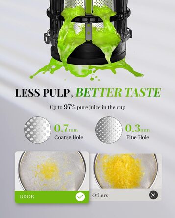 GDOR Compact Juicer - Powerful Juicer, Slow Juicer, Easy-to-Clean Juicer Machine, Quiet Juicer for Fruits and Vegetables, 600 ml, High Juice Yield, Includes Brush, BPA-Free Silver