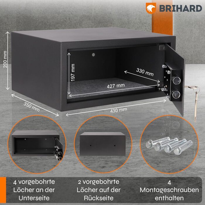 Сейф для бізнесу Brihard Business XL Tresor з ключовим замком, 50x35x36 см, сірий титан (для ноутбука 20x43x35 см)