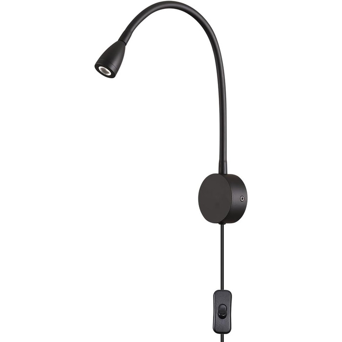 Світлодіодний настінний світильник для читання 3W теплий білий 3000K чорний, з вимикачем на шнурі