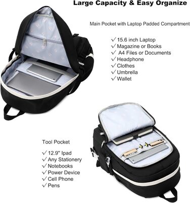 Чорний рюкзак для ноутбука 15.6 дюймів: шкільний, для подорожей, з захистом від крадіжок, великі кишені для книг