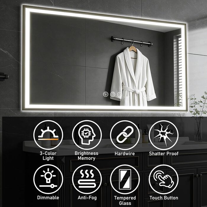 Дзеркало для ванної кімнати 50x70 см з підсвічуванням LED, антизапар, регулювання яскравості, 3 кольори світла