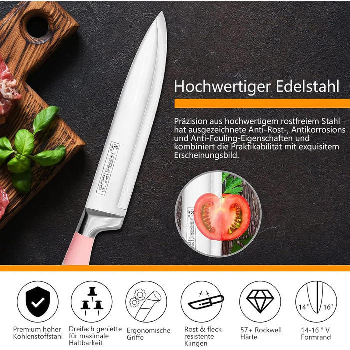 Набір кухонних ножів Justup 9шт з обертовим блоком, рожевий. Набір ножів з нержавіючої сталі з антипригарним покриттям, з точилкою для кухні.