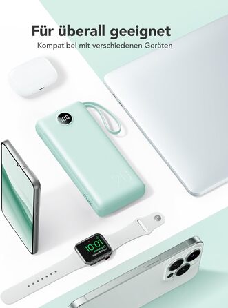 Power Bank VRURC 20000mAh з USB-C, 22.5W, LED дисплей - Зовнішній акумулятор для iPhone, Huawei та інших (Зелений)
