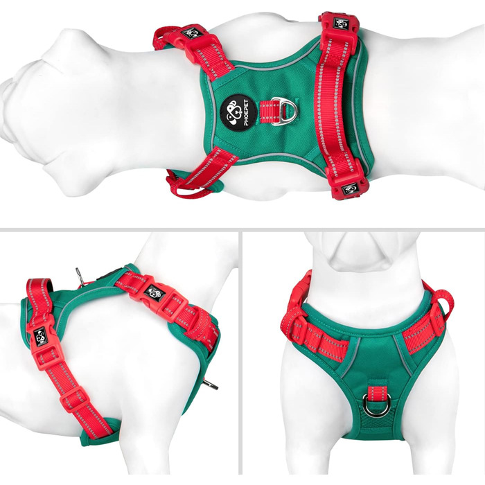 Шлейка для собак PHOEPET без натягу, світловідбиваюча, регульована, з ручкою для тренувань + 2 гачки для повідка + 3 застібки + 4 ковзні пряжки (M, ), (Темно-зелена основа та червоні ремені, S)
