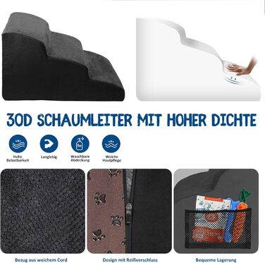 Сходинки для собак ZNM: 3-ступенева переносна драбинка для маленьких собак та котів, 40 см, чорний колір