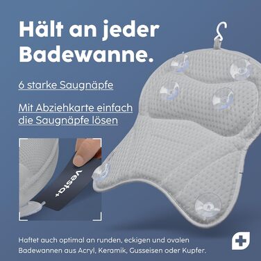 Vesta+ Grey Bath Pillow with Suction Cups - Tested Winner - Neck & Back Support - Non-Slip Bath Cushion for Bathtub & Shower
