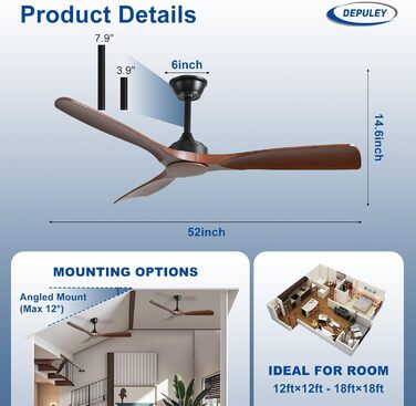 Стеляний вентилятор Depuley Leise з підсвічуванням для вулиці: LED лампа з вентилятором для саду, тераси - 132см, з керуванням через APP для вітальні, ресторану, офісу (Коричневий, 52'' без підсвічування)