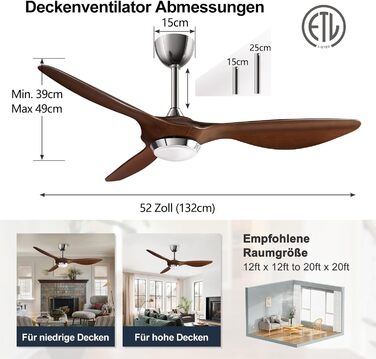 Стеляний вентилятор Reiga 132 см з LED-підсвічуванням та пультом керування, тихий реверсивний DC мотор, 6 швидкостей, керування через додаток, колір коричневий, лопаті з імітацією дерева