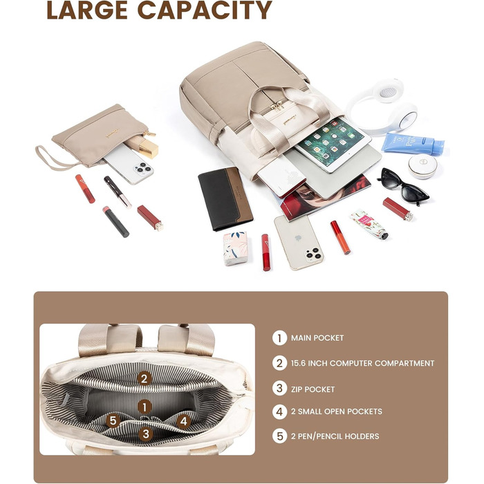 LOVEVOOK Рюкзак для жінок, великий, 15.6 дюймів, рюкзак для ноутбука, шкільний рюкзак для підлітків, водонепроникний, сумка для роботи, сумка-тоут 2 в 1, сумка для вчителя, рюкзак для подорожей, університету, бізнесу, бежевий хакі