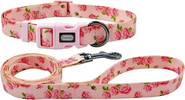 Нашийник та поводок для собак Комбі-ет, леопардовий принт, поліестер, 150 см, повід з панде, для маленьких собак (колір коричневий леопард), набір (рожевий, з розами)