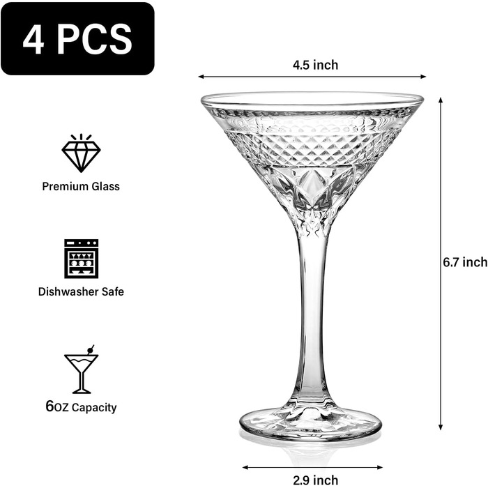Набір келихів Мартіні, 4 шт, 180 мл, кришталеве скло, без свинцю. Ідеально для коктейлів, Мартіні, Маргаріти, вечірок та домашнього бару.