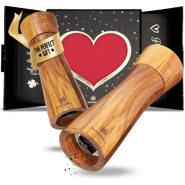 BUTLERBELL® English | Salt and pepper mill made of wood in a luxury gift box with heart, ideal as a wedding gift | Wedding gifts | Wedding gifts for the wedding couple | Housewarming gift (Cupidon)