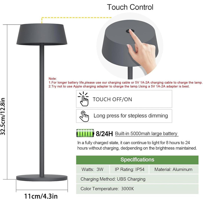 Акумуляторна LED настільна лампа Klighten з димером, сенсорна, металева, сріблясто-антрацитова (3000K) для спальні, ресторану