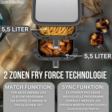 Фритюрниця Steinborg® з подвійною камерою, 11 літрів, фритюрниця без олії, гриль, духовка, сушка, 2 вертикальні шухляди (5,5л+5,5л)