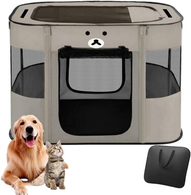 Portable Dog House & Pet Pen - 90x70x60cm Foldable Playpen for Dogs, Cats & Puppies - Enclosed Pet Tent (Gray)