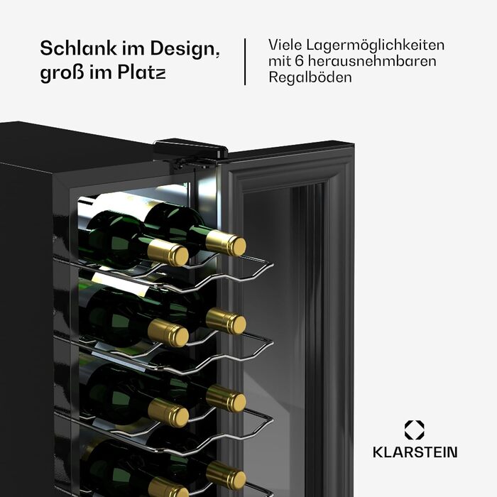 Klarstein Wine Refrigerator - 1 Zone Compact Wine Cooler, 42L Capacity, Glass Door, Indoor/Outdoor Use, 5-18°C, 16 Bottle Wine Fridge