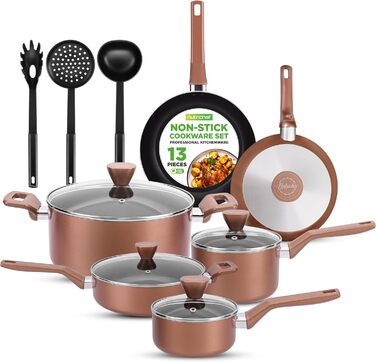 NutriChef 13-Piece Cookware Set | Non-Stick Pot and Pan Set for Induction | Pots Set for Gas, Electric & Ceramic Cooktops | PFOA-Free | Aluminum Pan Set with Ergonomic Brown Handles