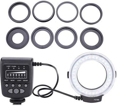 Портативний LED-макрокільцевий спалах Topiky FC-100 з регулюванням яскравості, комплект для відеозйомки з 8 адаптерними кільцями та контролером для камер