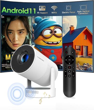 Портативний проєктор Mini Beamer 4K з Android 11: Smart проєктор з електричним фокусом, WiFi 6, BT 5.0, Full HD 1080P, 260ANSI, авто-корекція трапецеїдальних спотворень, 5W динамік