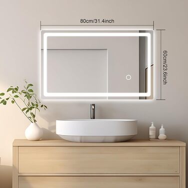 LED дзеркало для ванної кімнати 60x80 см з підсвічуванням та вимикачем, холодний білий світ, настінне дзеркало для ванни