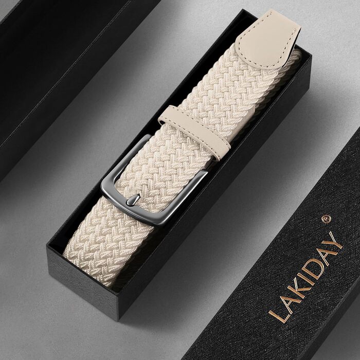 Тканинний плетений ремінь LAKIDAY: еластичний, унісекс, 3.5 см, 100-130 см, бежевий