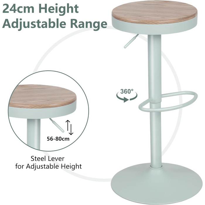 YOUNIKE Adjustable Bar Stools Set of 2 - Wooden Swivel Bar Height Stools with Footrest for Kitchen & Bar - Vintage Green