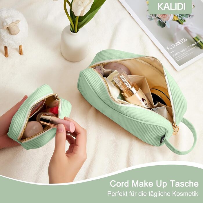Косметичка жіноча KALIDI з корду, зелена, з відділеннями, на блискавці, для подорожей