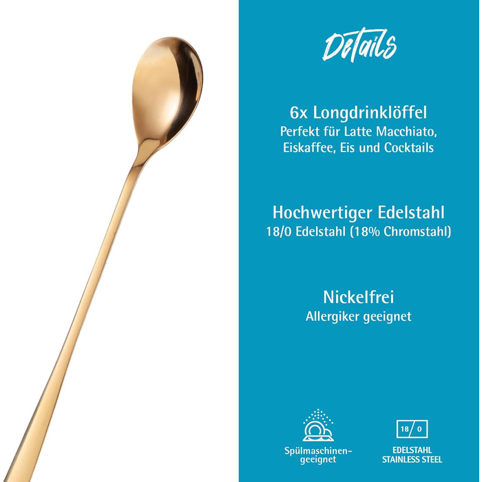 Льодогенератор та ложка для лате-макіато Gräwe з нержавіючої сталі, довга ложка для кави, десертів та холодного чаю, придатна для миття в посудомийній машині, золотиста