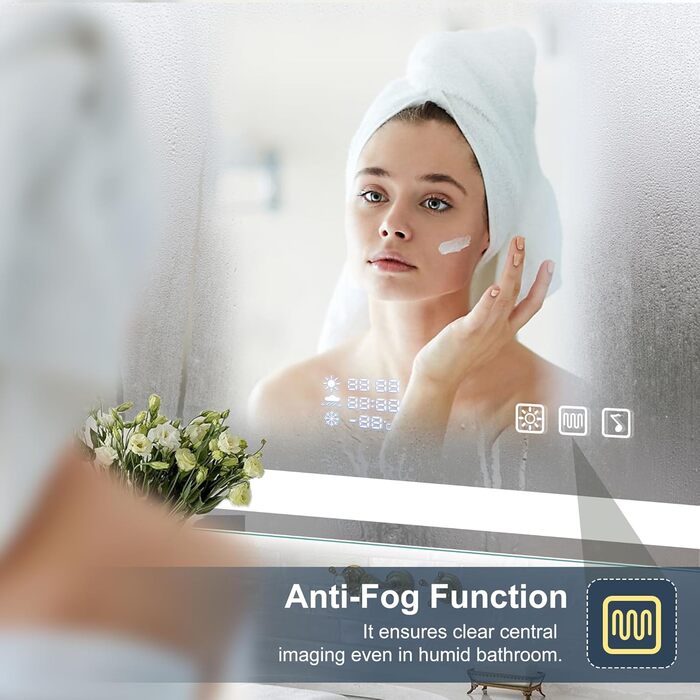 Дзеркало для ванної кімнати S'bagno з підсвічуванням 100x70 см, LED, з полицею, протитуманне покриття, регулювання кольору (3000K/4000K/6500K), диммування, HD-загартоване скло, IP44, горизонтальне/вертикальне встановлення, Bluetooth, годинник