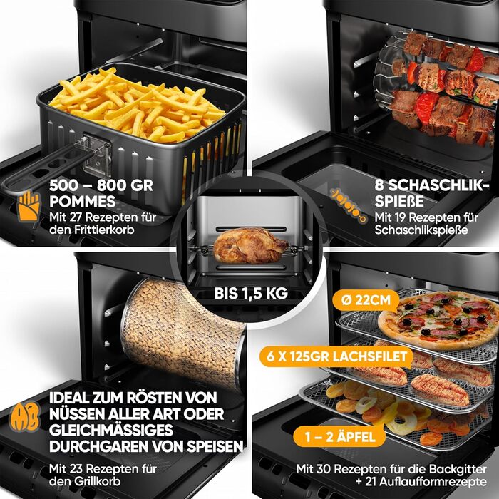Stillstern Hot Air Fryer 12L with LED Touchscreen, XXL Recipe Book in German, 12 Programs, Preheating & Keep Warm, 1800W Hot Air Fryer Air Fryer XXL without Oil, Dehydrator, Mini Oven, Camping Grill, Black