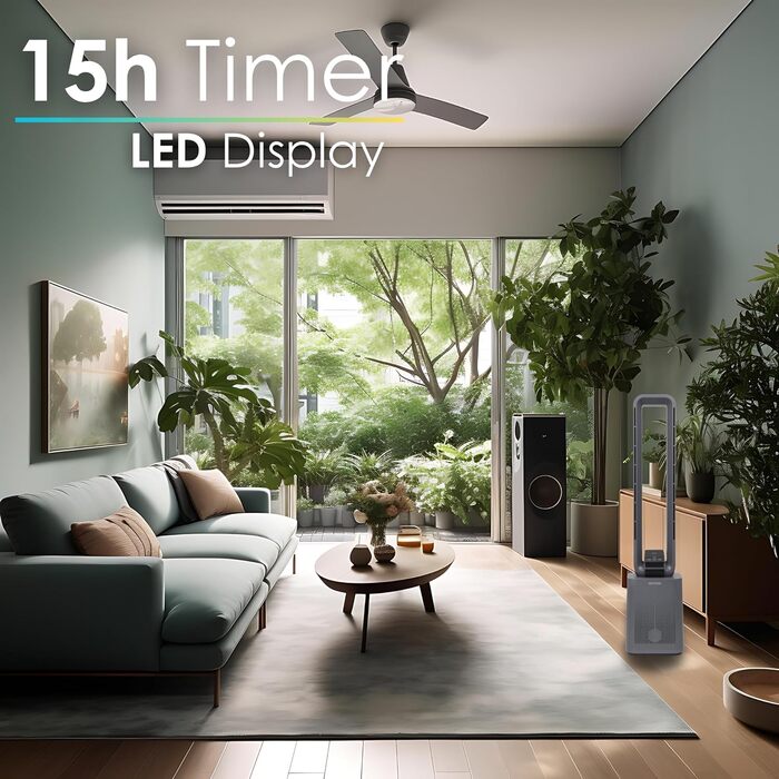 Турбовентилятор Echos Golo Grey: тихий, з пультом, осциляція, LED-дисплей, 3 режими, 12 швидкостей, таймер 15h