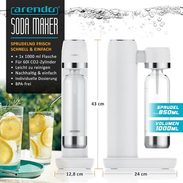 Arendo Soda Maker - Газова вода вдома: приготуйте газовану воду без цукру та барвників! Сумісний з CO2 балонами 60 л, пляшка 1000 мл, BPA free