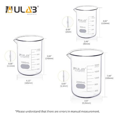 ULAB Scientific набір мірних склянок 500/1000/2000 мл, боросилікат 3.3, низька форма з градуюванням