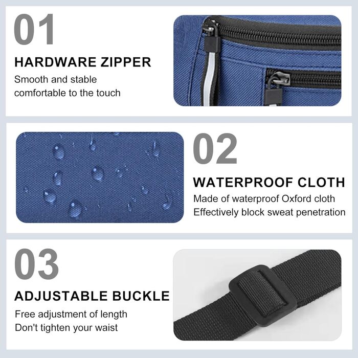 Водонепроникна поясна сумка для чоловіків, бананка з антикрадіжним захистом, 2 відділення, Oxford тканину, швидковисихаюча, для спорту, подорожей, повсякденного використання