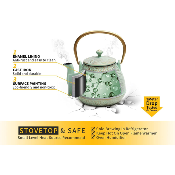 Чайник для плити преміум-класу, чавунний, з ситечкою для листового чаю, 1,5 л, зелений