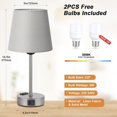 Настільна лампа Kakanuo з торшером, 2 шт. з USB-портами та диммуванням, для спальні, вітальні, дитячої кімнати, офісу (сірий)