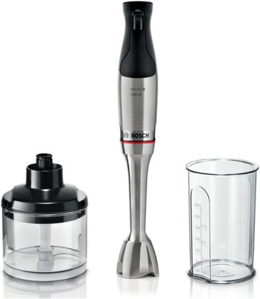 Блендер ручний Bosch ErgoMaster Serie 6 MSM6M820, 1200 Вт, 4 леза з нержавіючої сталі, керамічна муфта, повітряне охолодження, мірний стакан, подрібнювач, гарантія 10 років на мотор