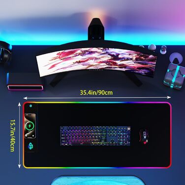 Ігровий килимок для миші RGB з бездротовою зарядкою Qi 15W, 800x350x4мм, 10 режимів підсвічування, швидка зарядка 10W для iPhone та навушників, водонепроникний, протиковзаючий (Чорний-Max)