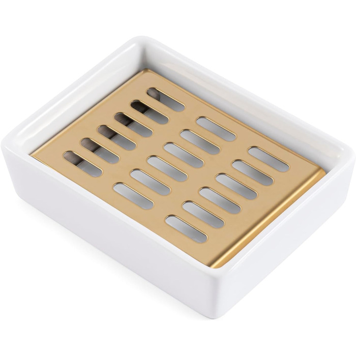 Керамічна мильниця з нержавіючої сталі, подвійна, з піддоном, для ванної кімнати та душу (11,8 x 8,8 x 3 см), золота