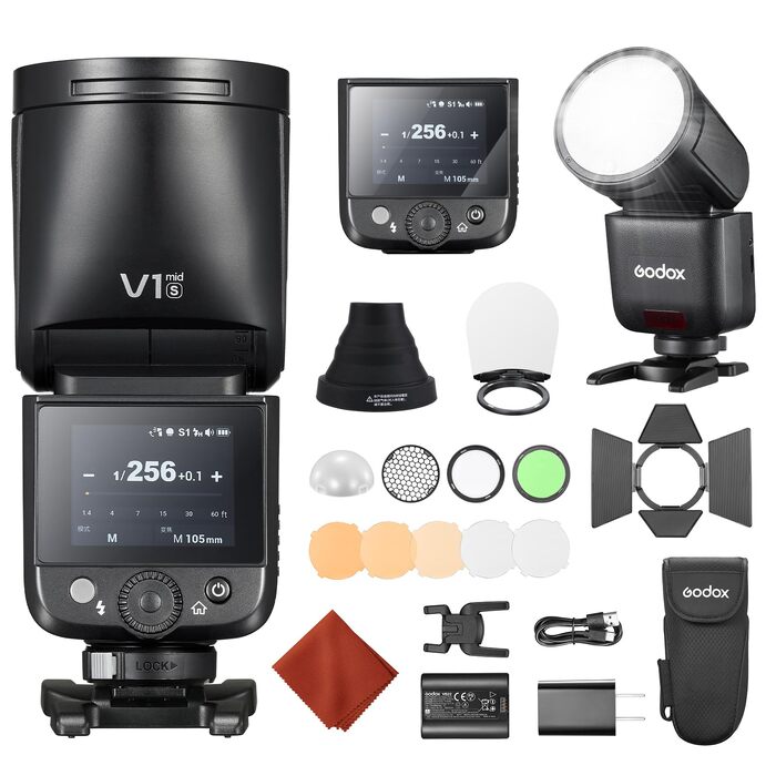 Спалах Godox V1 Mid-F для Fujifilm: кругла голова, TTL, HSS 1/8000s, 55Ws, з дифузором AK-R1 та USB-C акумулятором, сумісний з XT-5, X-E1, XT-3