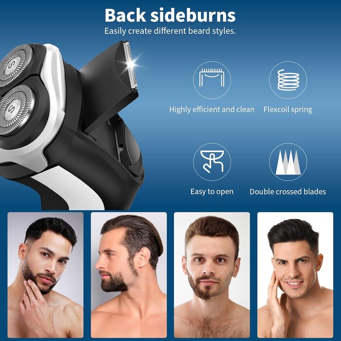 Електричний гоління для чоловіків SweetLF [2023 Neu] з 3D-головкою, LED-дисплеєм, 3 змінні насадки та зарядним пристроєм, IPX7 водонепроникний, чорно-сірий