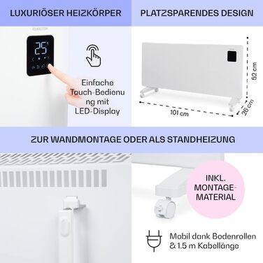 Klarstein Bansin Smart Convector Heater, 1500 W, Wall-Mountable/Freestanding, App Control, Energy Efficient, Overheat and Frost Protection, Child Lock, LED Display, Electric Heater for 30 m²