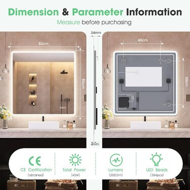 Дзеркало для ванної кімнати S'bagno з підсвічуванням 80x60 см, Bluetooth, протитуманне покриття, 3 кольори, регулювання яскравості, функція пам'яті, загартоване скло, водонепроникність IP44, горизонтальне/вертикальне встановлення