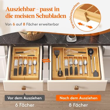 Органайзер для столових приборів Lifewit для шухляд 43 см, дерев'яний, розширюваний (31-53 см), бежевий