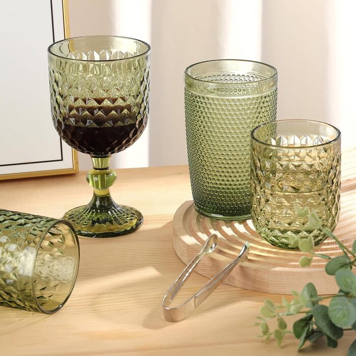 Joeyan 200ml Small Green Drinking Glasses Set of 6, Colorful Water Glasses Set with Diamond Embossed Design, Vintage Glasses Set for Home Restaurant Bar, Dishwasher Safe