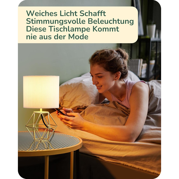 EDISHINE Настільна лампа, сучасний індустріальний дизайн, цоколь E14, вінтаж, для спальні, вітальні, білий & золотий колір (кремово-білий жалюзі + золото)