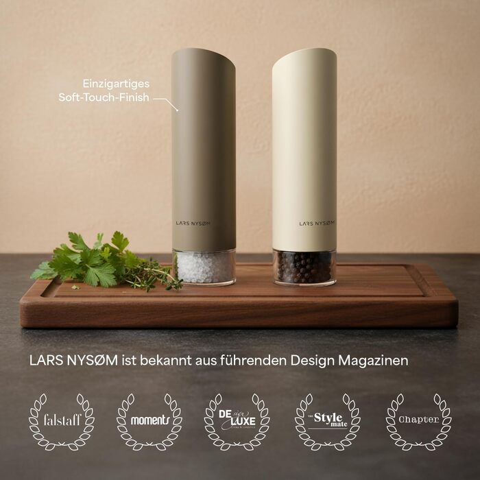 Електричні млини для солі та перцю LARS NYSØM Gravity Grinder - Набір з двох млинів, USB-C, регулювання помелу, для кухні (сірий)
