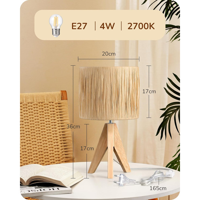 EDISHINE Настільна лампа з ручним плетінням, тепле світло 2700K, з дерев'яною підставкою, Boho стиль, для спальні, вітальні, готелю, з LED лампою E27 4W (рафія)