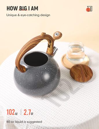 Чайник BELANKO з нержавіючої сталі 2.7л з дерев'яною ручкою, свисток, для плити, індукції, дизайн 